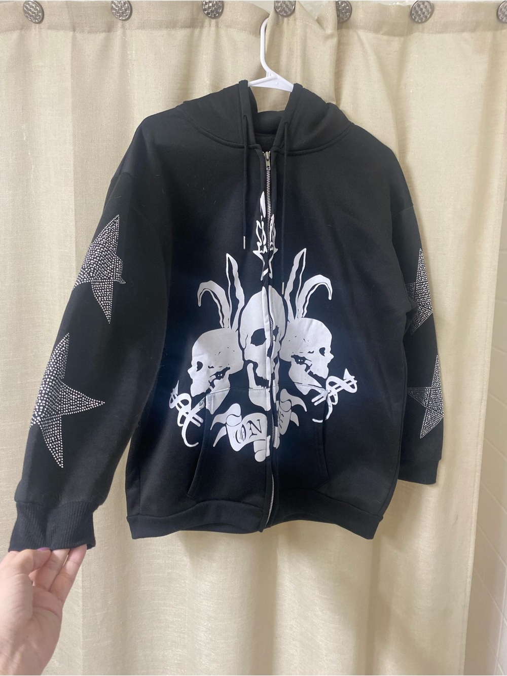 Men's Black Full Zip Hoodie w/ Pockets Skull Spider Graphic Print Rhinestone